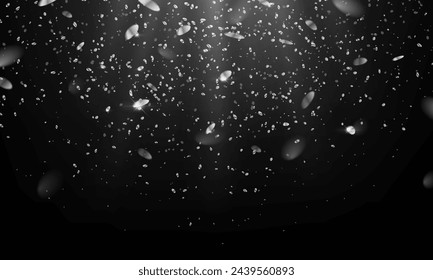 Falling silver glitter rain and light rays realistic vector illustration. Glowing confetti floating in darkness 3d design. Party decor on black background