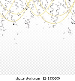 Falling silver serpentine and gold beads on transparent background. Shine ribbon. Holiday design.Vector realistic background
