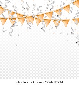 Falling silver serpentine and gold flags on transparent background. Shine ribbon and confetti, glitter, stars. Holiday design.