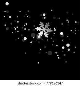 Falling silver snowflake with light spots on black background. Merry Christmas and Happy New Year card with empty space fot text. vector illustration.
