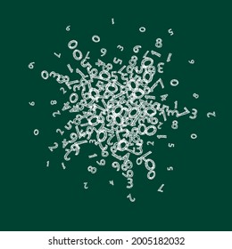 Cayendo los números de tiza. Concepto de estudio matemático con dígitos voladores. Recuerden el cartel de matemáticas de la escuela en el fondo de la pizarra. Ilustración vectorial de números en disminución.