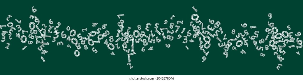 Falling sketch chalk numbers. Math study concept with flying digits. Radiant back to school mathematics banner on blackboard background. Falling numbers vector illustration.