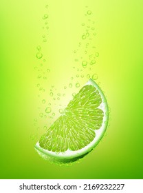 Falling slice lime fruit into water. 3d realistic vector illustration. Packaging design elements. Juicy advertising cut citrus. Cocktail juice.