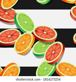 Falling slices of citrus fruits on black and white stripped pattern. Vector seamless pattern design for textile, fashion, paper, packaging and branding. 