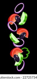 Falling slices of fresh vegetables: tomatoes, olives, onions, green peppers, cucumbers isolated on black background. Food vector illustration.