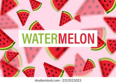 Falling slices of watermelon. Blurred and clear slices of watermelon on a pink background