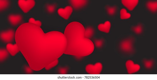 Falling small red realistic hearts on black background. Happy Valentine s day illustration. Vector confetti falling from red hearts. Love concept card background for Valentine s day