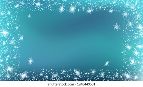Falling snow background. Bbright, White, Shimmer, Glowing, Scatter, Falling on a Blue background. Holiday Christmas card design.