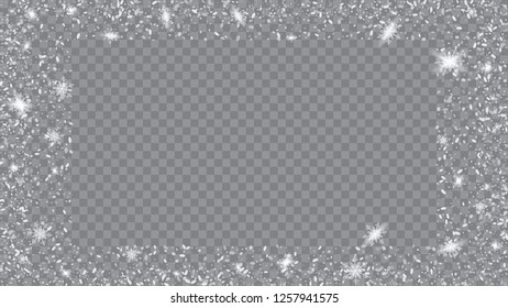 Falling snow background. Bbright, White, Shimmer, Glowing, Scatter, Falling on a Transparent background. Holiday frame for New Year greetings.
