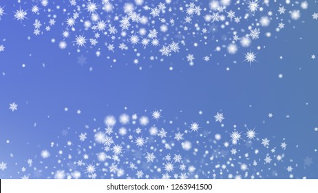 Falling Snow Background. Bbright, White, Shimmer, Glowing, Scatter, Falling background. Holiday picture of the Christmas banner. Blue base.