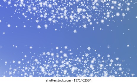 Falling Snow Background. Bbright, White, Shimmer, Glowing, Scatter, Falling background. Festive frame for New Year greetings. Blue base.