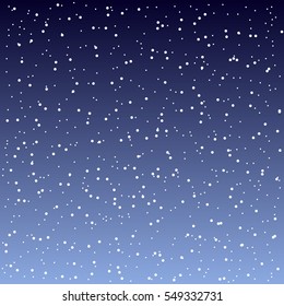 Falling snow background. Blue snowy pattern. Vector illustration with snowflakes. Winter snowing sky. Eps 10.