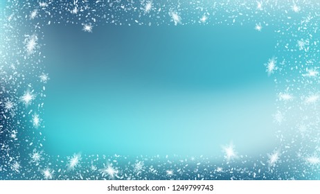 Falling snow background. Bright, White, Shimmer, Glowing, Scatter, Falling on a Blue background. Holiday frame for New Year greetings.