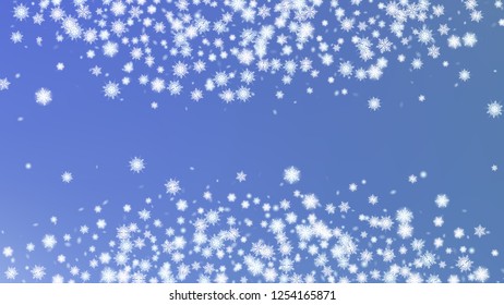 Falling Snow Background. Card or banner with flakes confetti scatter frame, snow elements. Holiday Illustration for Merry Christmas Card. Gradient base.