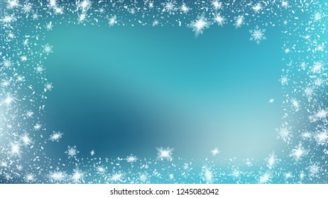 Falling snow background. Festive Christmas card design. Bbright, White, Shimmer, Glowing, Scatter, Falling on a Blue background.