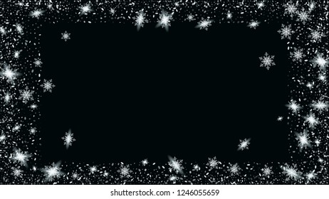 Falling snow background. Festive frame for New Year greetings. Bbright, White, Shimmer, Glowing, Scatter, Falling background.