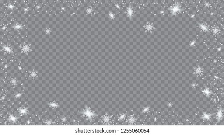 Falling snow background. Festive frame for New Year greetings. Bbright, White, Shimmer, Glowing, Scatter, Falling on a Transparent background.