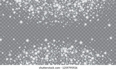 Falling snow background. Festive picture of the Christmas banner. Macro snowflakes flying border illustration. Transparent base.