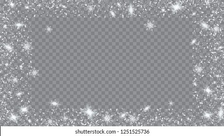 Falling snow background. Holiday frame for New Year greetings. Bbright, White, Shimmer, Glowing, Scatter, Falling on a Transparent background.