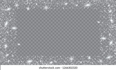 Falling snow background. Holiday frame for New Year greetings. Bbright, White, Shimmer, Glowing, Scatter, Falling on a Transparent background.