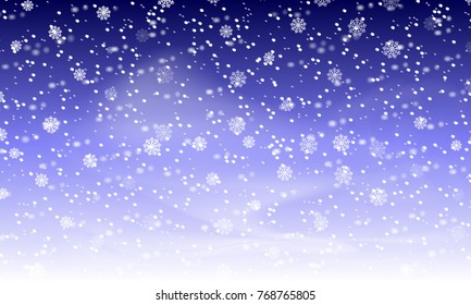 Falling snow background. Holiday landscape with snowfall. Vector illustration. Winter snowing sky. Eps 10.