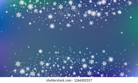 Falling Snow Background. Illustration for Winter Holiday Greetings. Card or banner with flakes confetti scatter frame, snow elements. Gradient base.