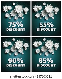 Falling snow background paper snowflakes over night dark sky with text discount set