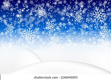 Falling snow background. Realistic snowdrift. Vector illustration with snowflakes. Winter snowy landscape with snow drifts. Eps 10.