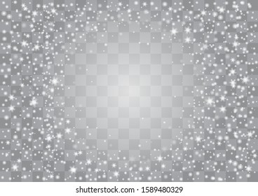 Falling snow banner, winter frame with snowflakes on transparent background, space for your text. Vector illustration