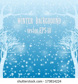 Falling snow with bare trees. Vector illustration.