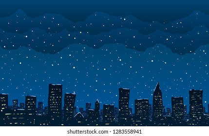 Falling snow in big city. Vector illustration. 
