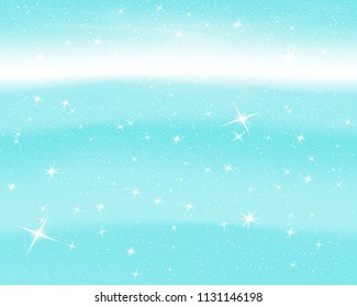 Falling snow. Blue sky with stars and clouds. Sparkle starry background. Vector illustration with snowflakes. Winter snowing sky. Eps 10.