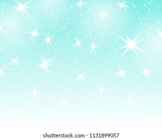 Falling snow. Blue sky with stars and clouds. Sparkle starry background. Vector illustration with snowflakes. Winter snowing sky. Eps 10.