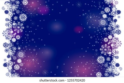 Falling snow border on a dark blue background. Abstract winter blurry background for your Merry Christmas and Happy New Year design. Vector holiday illustration