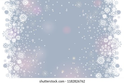 Falling Snow Border On A Light Tender Silver Grey Background. Abstract Winter Lights Blurry Background For Your Merry Christmas And Happy New Year Design. Vector Holiday Illustration