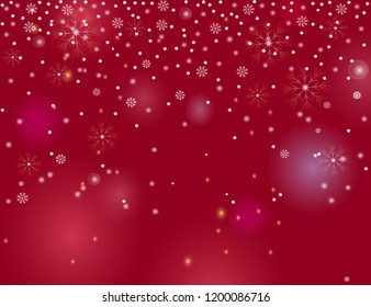 Falling snow border on a red  background. Abstract winter lights blurry background for your Merry Christmas and Happy New Year design. Vector holiday illustration. Place for your text