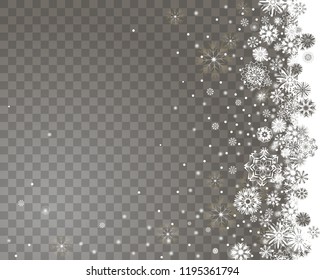 Falling snow border on a transparent background. Abstract snow background for your Merry Christmas and Happy New Year design. Vector illustration