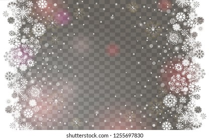 Falling snow border on transparent background. Abstract winter lights blurry background for your Merry Christmas and Happy New Year design. Vector holiday illustration