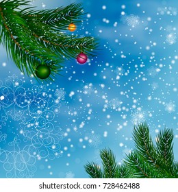  Falling snow. Christmas greeting card with branches on blue background. Falling snow background. Winter snowing sky with christmas trees. 