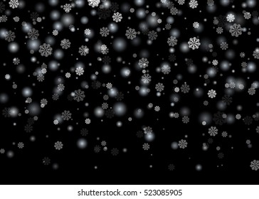 Falling snow. Christmas, new year card template with black abstract background. Beautiful Snowflakes, Shining snowfall. Vector illustration.