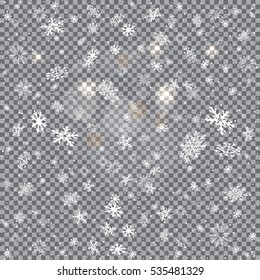 Falling snow closeup and light reflect effect isolated on transparent backdrop. Christmas and New Year snowfall template