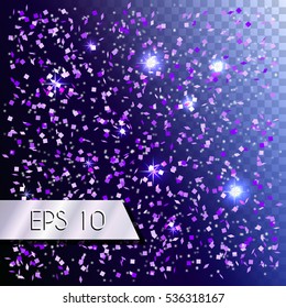 Falling snow and confetti, blizzard. Snowfall winter pattern on a transparent background. Christmas shining snowflakes, universal editable print. Vector illustration EPS 10