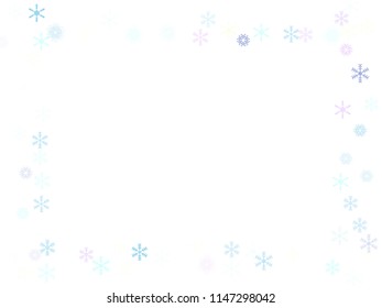 Falling snow confetti, snowflakes vector xmas frame. Festive winter, Christmas, New Year party decoration. Cold weather, winter storm, scatter texture. Funky snowfall falling snowflakes confetti