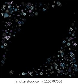 Falling snow confetti, snowflakes vector xmas frame. Winter holidays, Christmas, New Year party decoration. Ice ad frame, winter storm, sparkling trail. Hipster snowfall falling snowflakes confetti