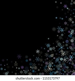 Falling snow confetti, snowflakes vector scatter. Winter holidays, Christmas, New Year party celebration. Ice ad frame, winter storm, sparkling trail. Hipster snowfall falling snowflakes confetti
