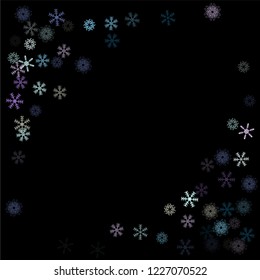 Falling snow confetti, snowflakes vector scatter. Winter holidays, Christmas, New Year party decoration. Cold ice frame, winter storm, sparkling trail. Hipster snowfall falling snowflakes confetti