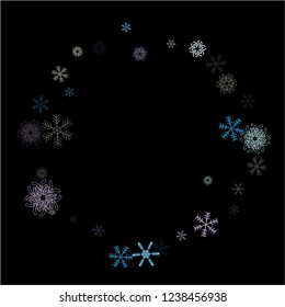 Falling snow confetti, snowflakes vector xmas frame. Festive winter, Christmas, New Year party decoration. Cold ice frame, winter storm, sparkling trail. Funky snowfall falling snowflakes confetti