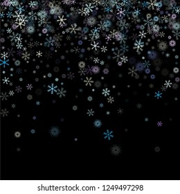 Falling snow confetti, snowflakes vector scatter. Festive winter, Christmas, New Year party decoration. Textured frame, winter storm, sparkling trail. Vintage snowfall falling snowflakes confetti