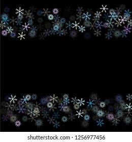 Falling snow confetti, snowflakes vector xmas frame. Winter holidays, Christmas, New Year party decoration. Cold ice frame, winter storm, sparkling trail. Funky snowfall falling snowflakes confetti