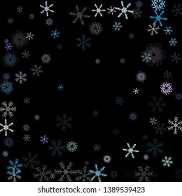 Falling snow confetti, snowflakes vector xmas frame. Festive winter, Christmas, New Year sale background. Ice ad frame, winter storm, sparkling trail. Vintage snowfall falling snowflakes confetti